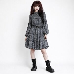 Taylor Smocked Tiered Dress Leopard Print‎ Mock Neck Long Sleeve Size S